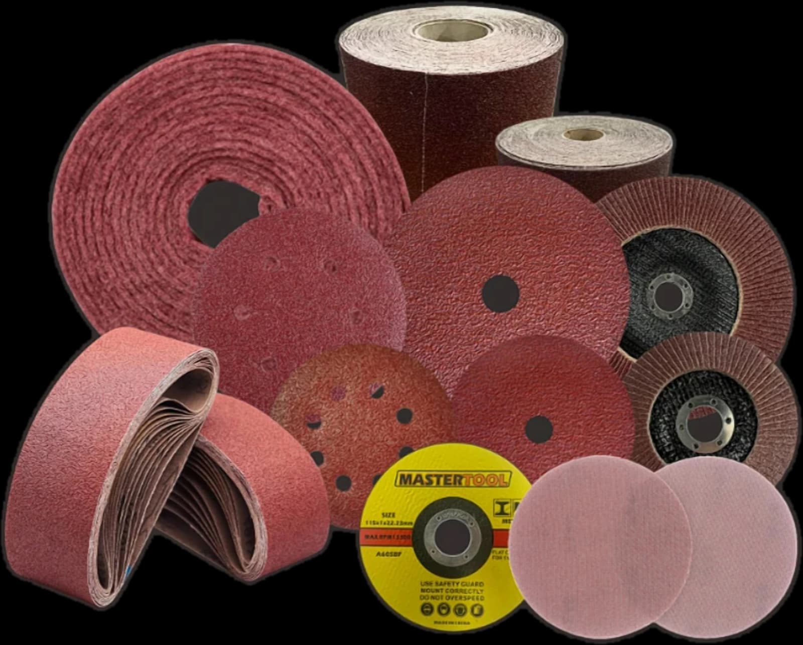 Familia de abrasivos de óxido de aluminio ABRASIVEN: rollos, bandas, discos velcro, fibrodiscos, discos flap y disco de corte